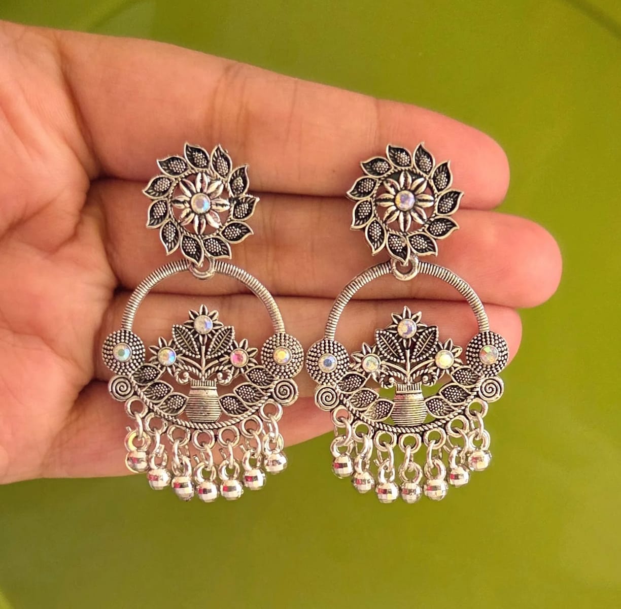 Flower Pot Design Rainbow Stone Chaandbali Silver Oxidised Earrings